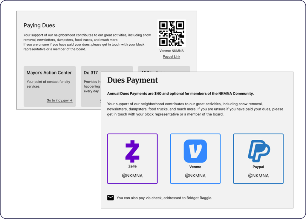 Before and after versions of dues payment designs