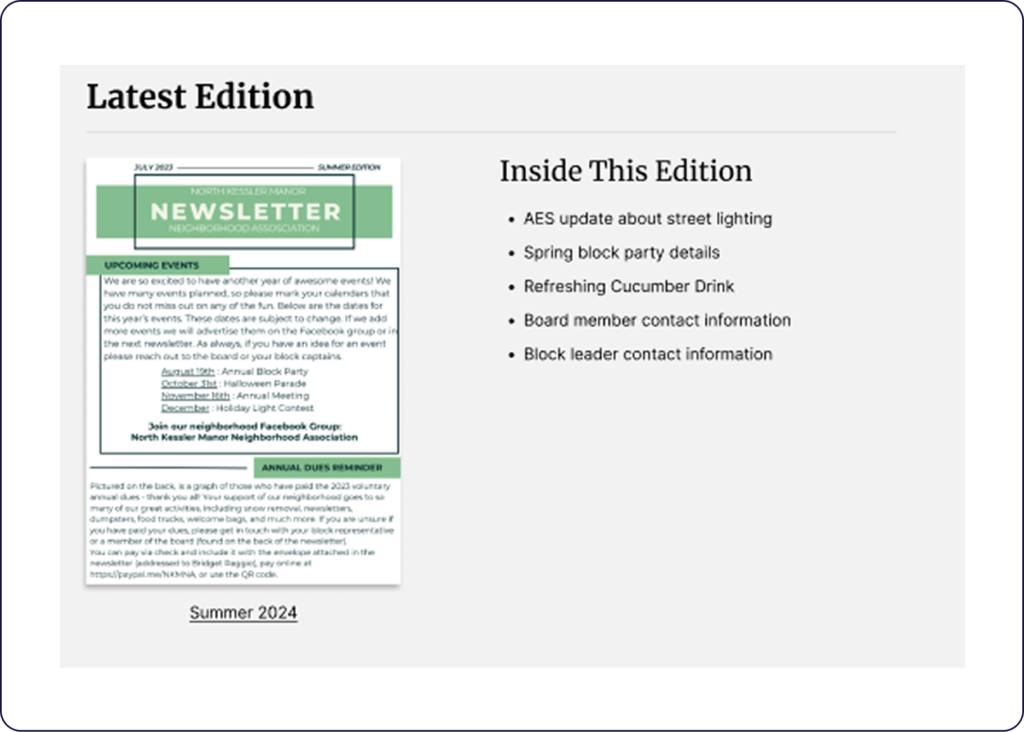 Latest edition newsletter design including "Inside this edition" bullet points