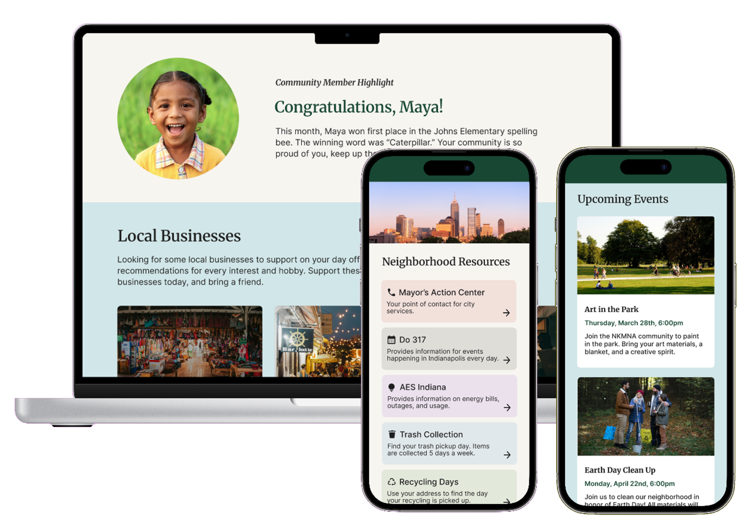One desktop and two mobile mockups of NKMNA pages