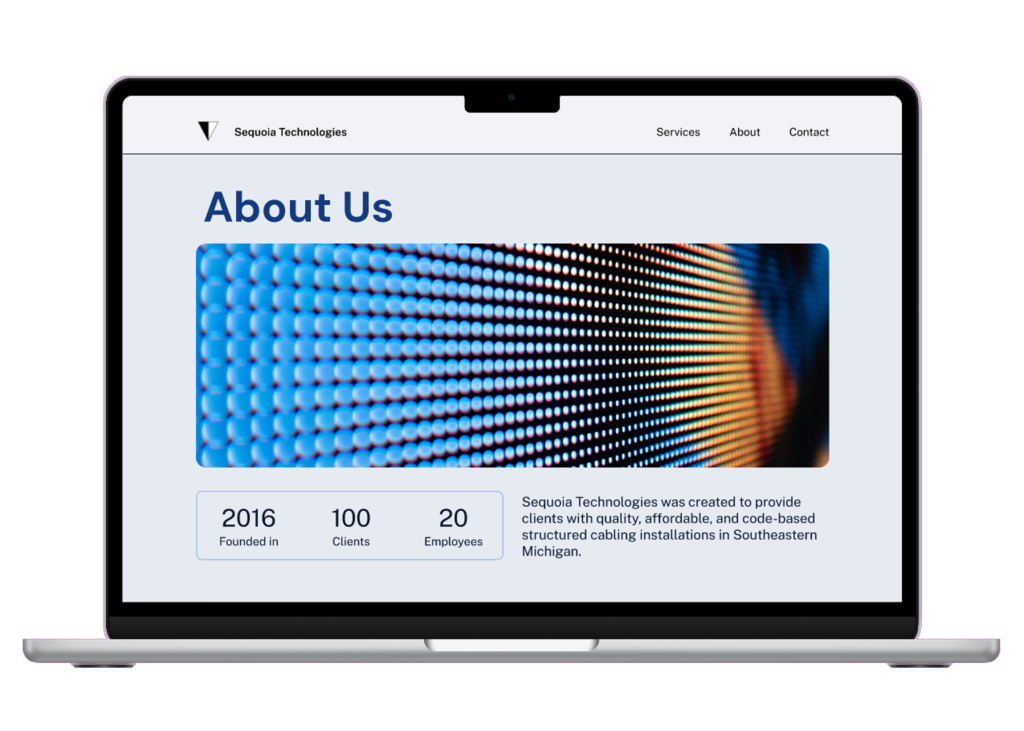 Laptop mockup of the Sequoia About landing page including image and stats