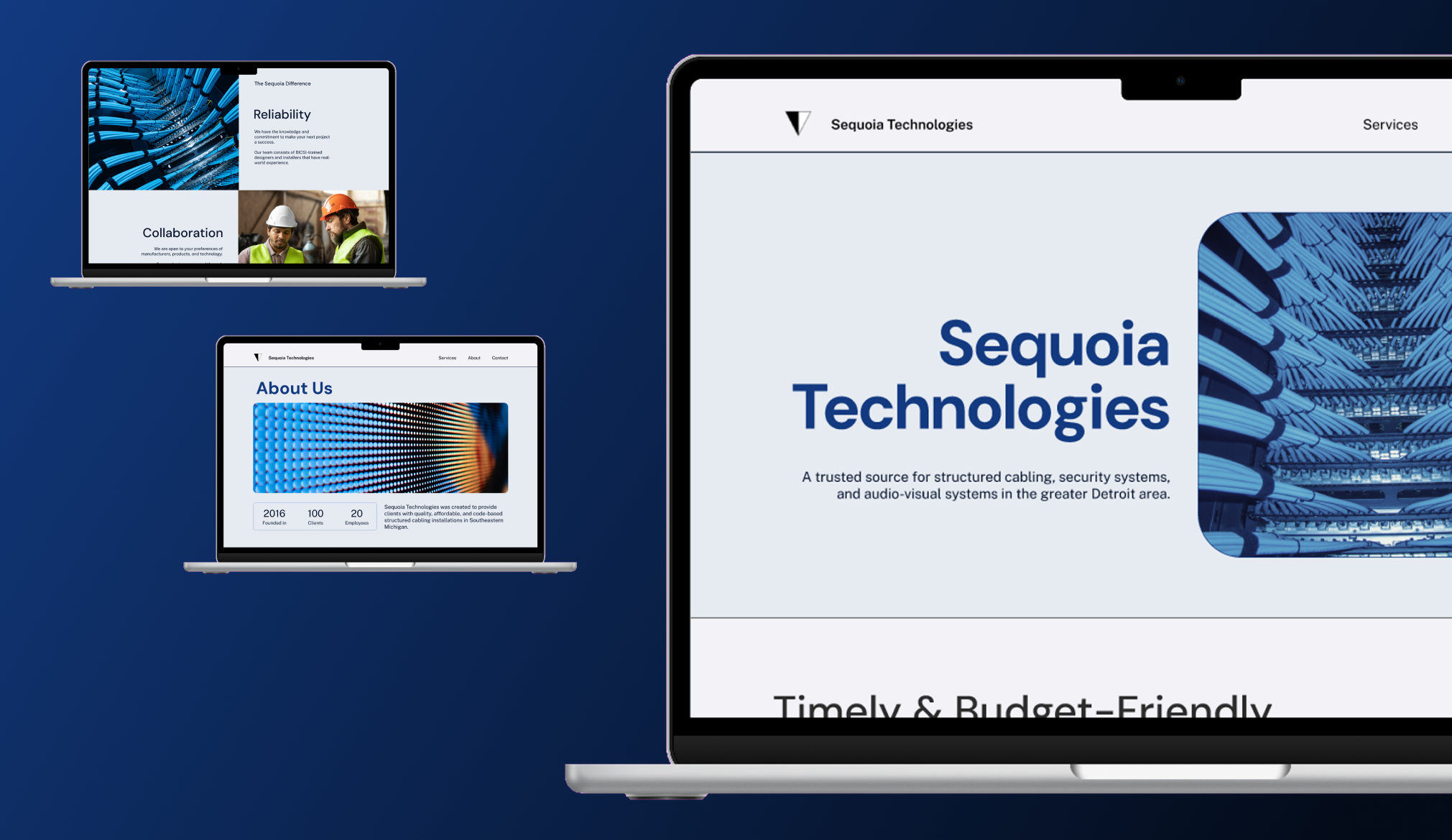 Three laptop mockups of cabling final pages