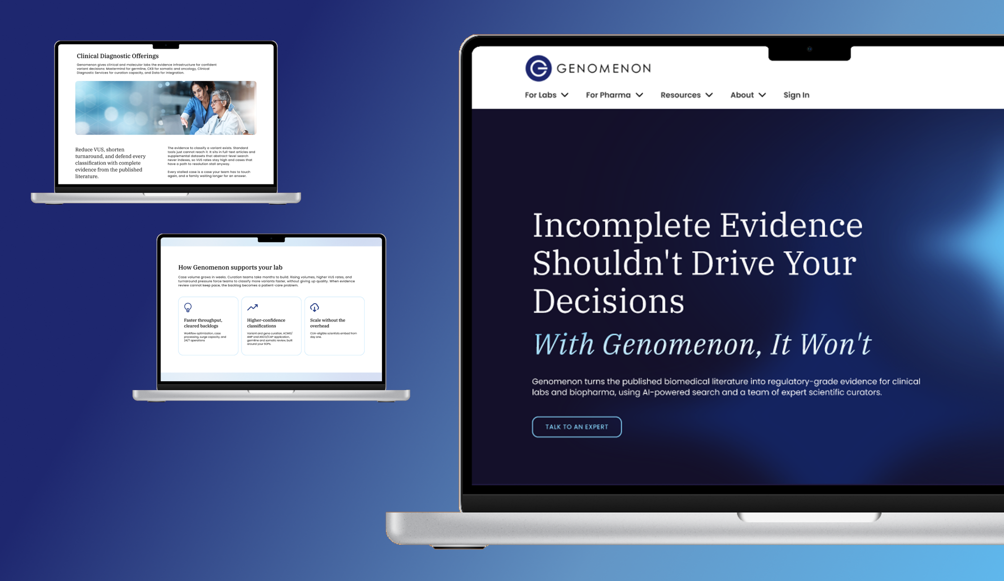 Three laptop mockups of genomic final pages