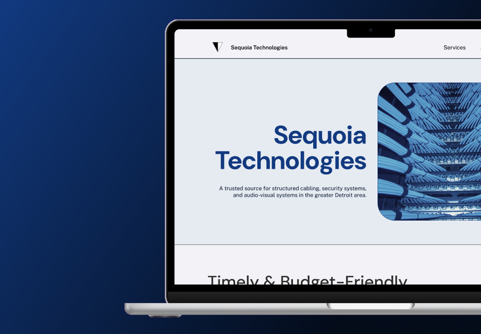 Cabling website homepage mockup over blue gradient background