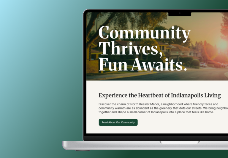 Neighborhood website homepage mockup over green gradient background
