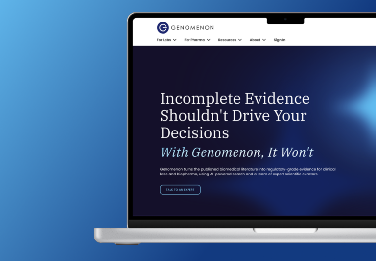 Genomic website homepage mockup over blue gradient background