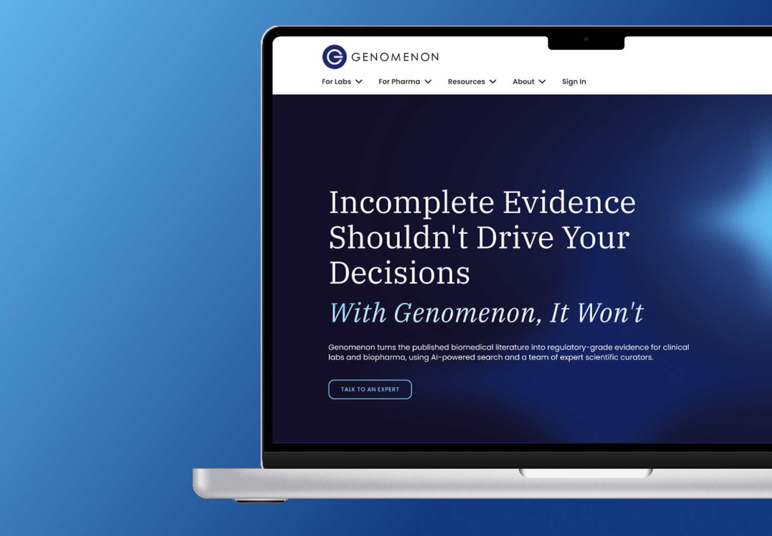 Genomic website homepage mockup over blue gradient background