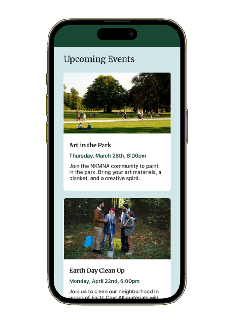 IPhone mockup of the "Upcoming Events" section of the NKMNA homepage