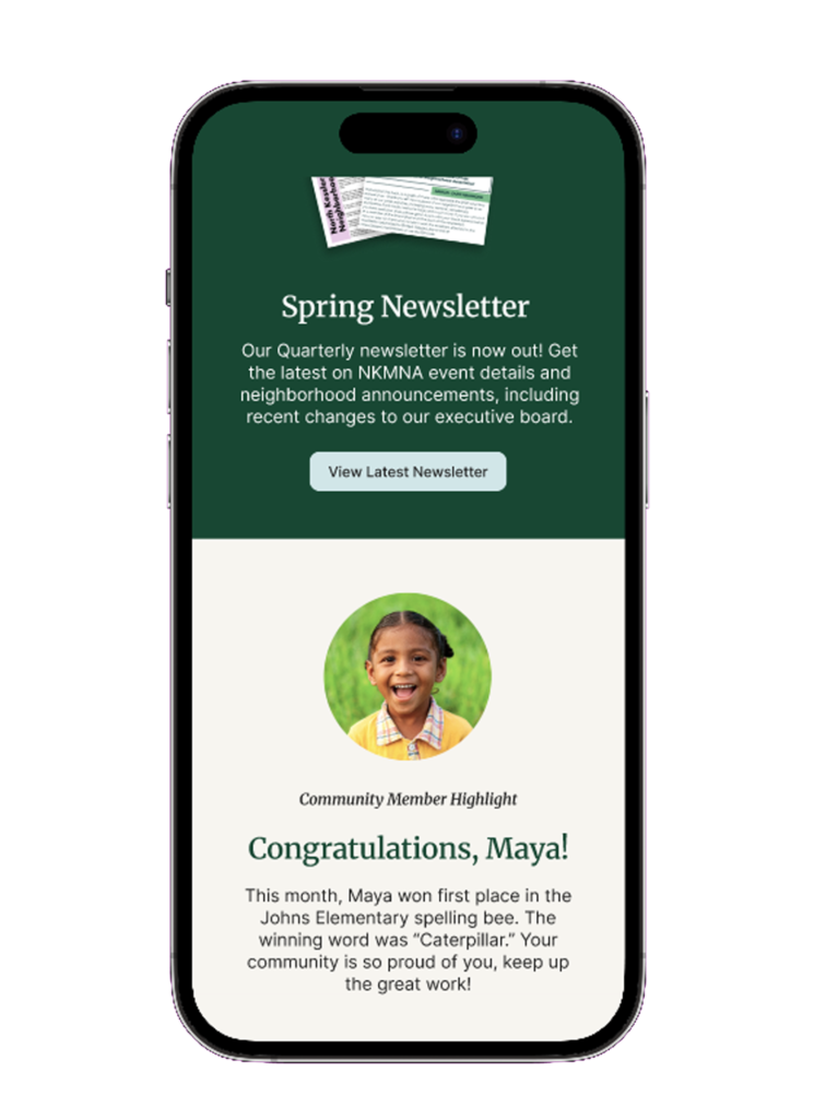 IPhone mockup of the newsletter and community member shout-out sections of the NKMNA homepage