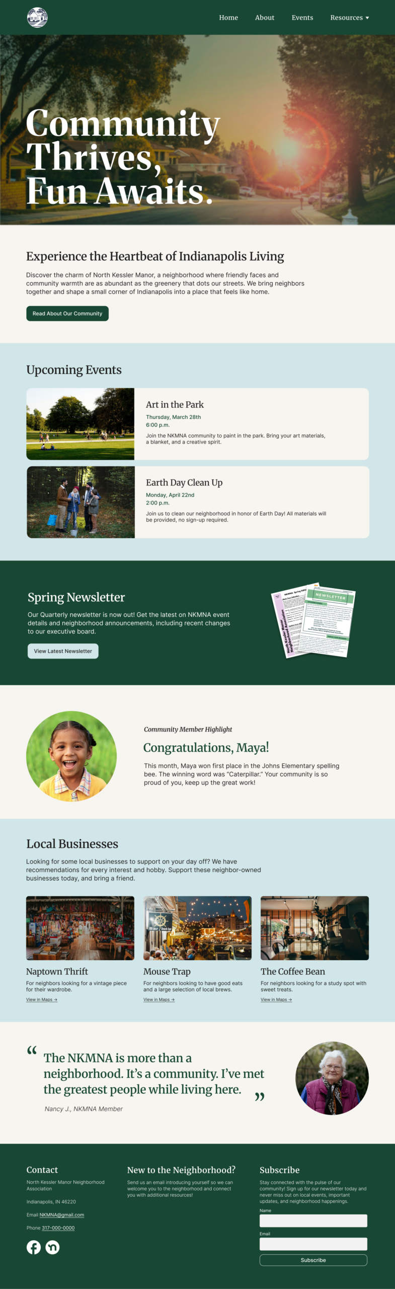 Full mockup of NKMNA homepage including, intro, upcoming events, newsletters, and local businesses.