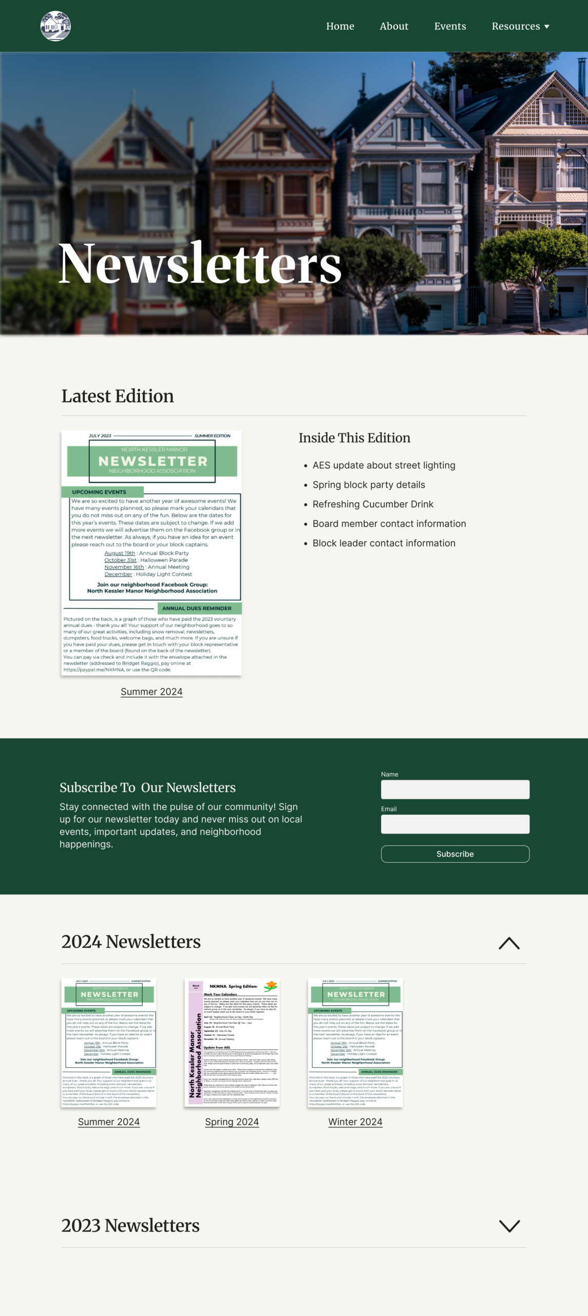 Full mockup of the NKMNA Newsletters page